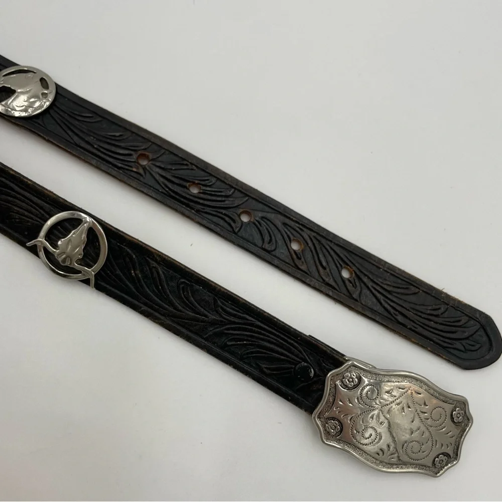 Justin Belt Size 22 Child Black Cowhide Leather Medallions Longhorn Horse Cowboy
